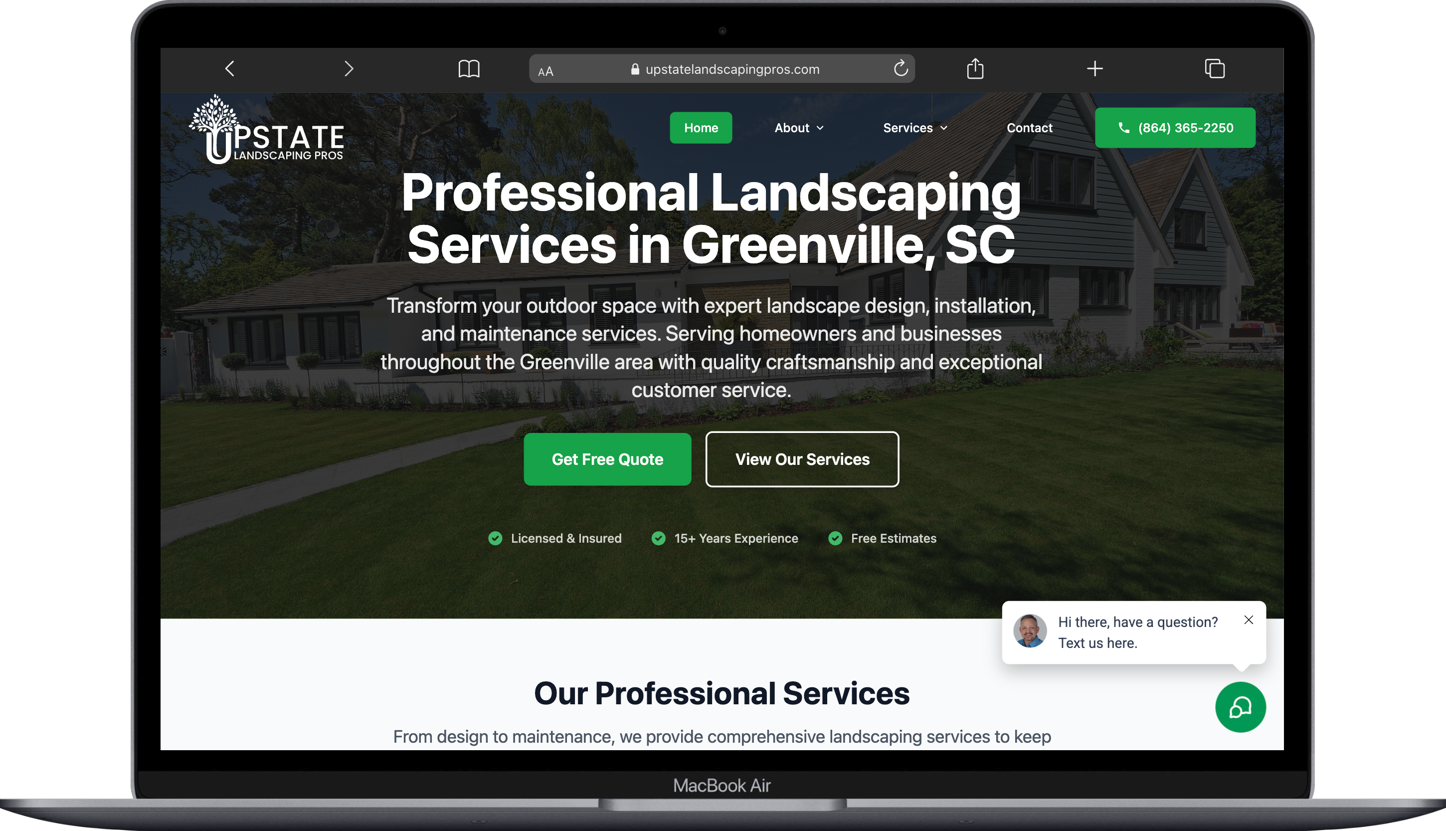 UpstateLandscapingPros.com website displayed on MacBook Air showing responsive desktop design