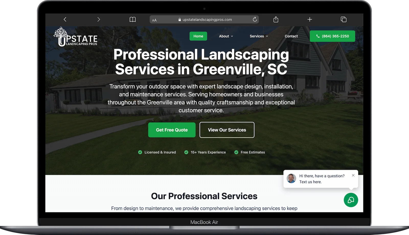 UpstateLandscapingPros.com website displayed on MacBook Air showing responsive desktop design