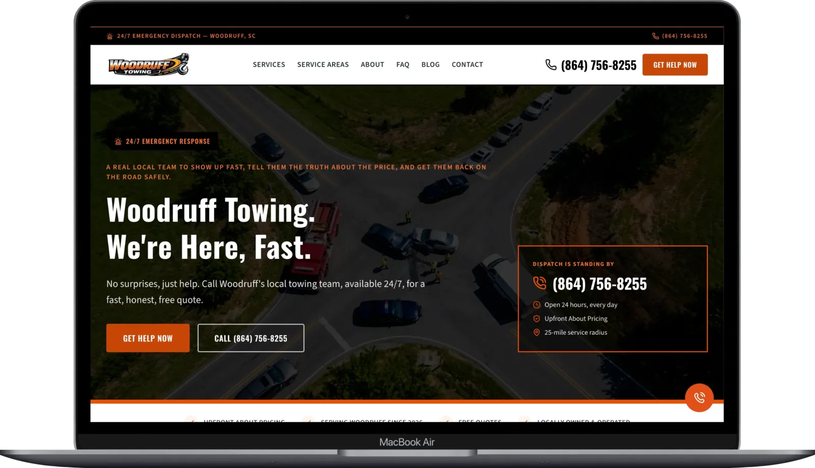 WoodruffTowingSC.com website displayed on MacBook Air showing responsive desktop design