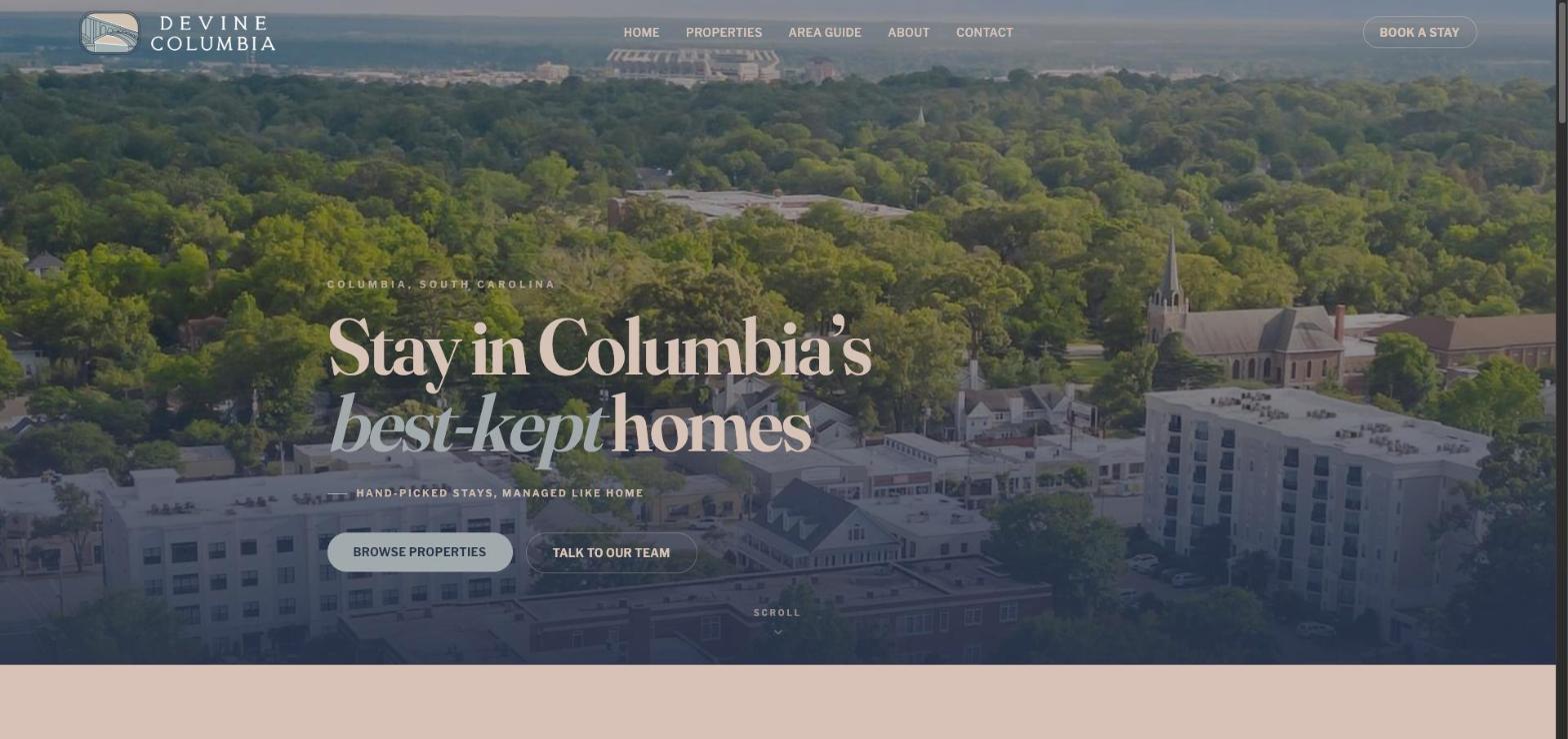 Devine Columbia website homepage hero, Stay in Columbia's best-kept homes