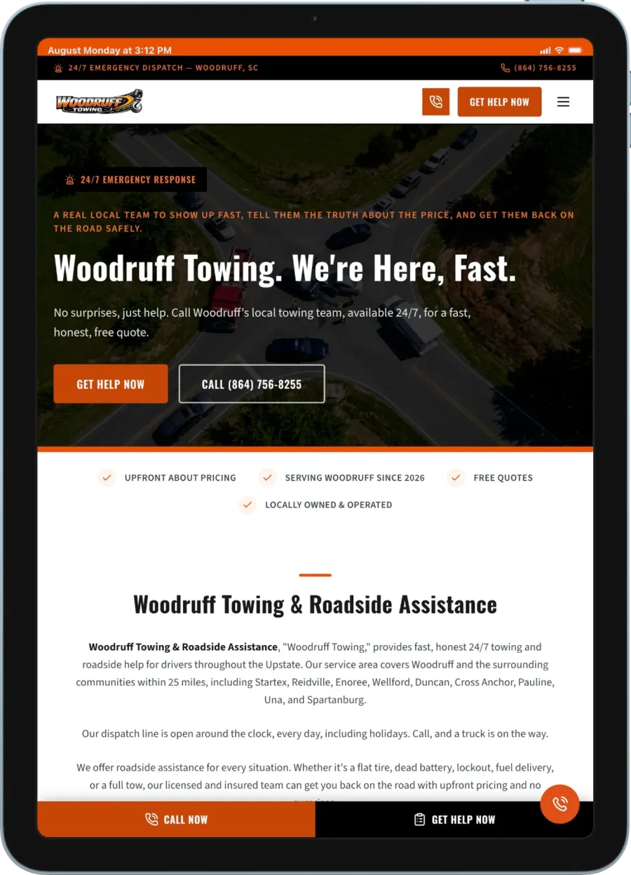 WoodruffTowingSC.com website displayed on iPad Air showing responsive tablet design
