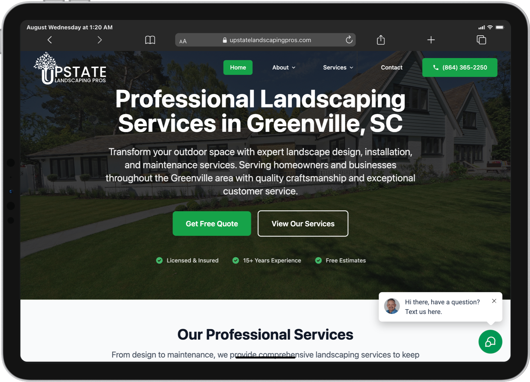 UpstateLandscapingPros.com website displayed on iPad Pro showing responsive tablet design