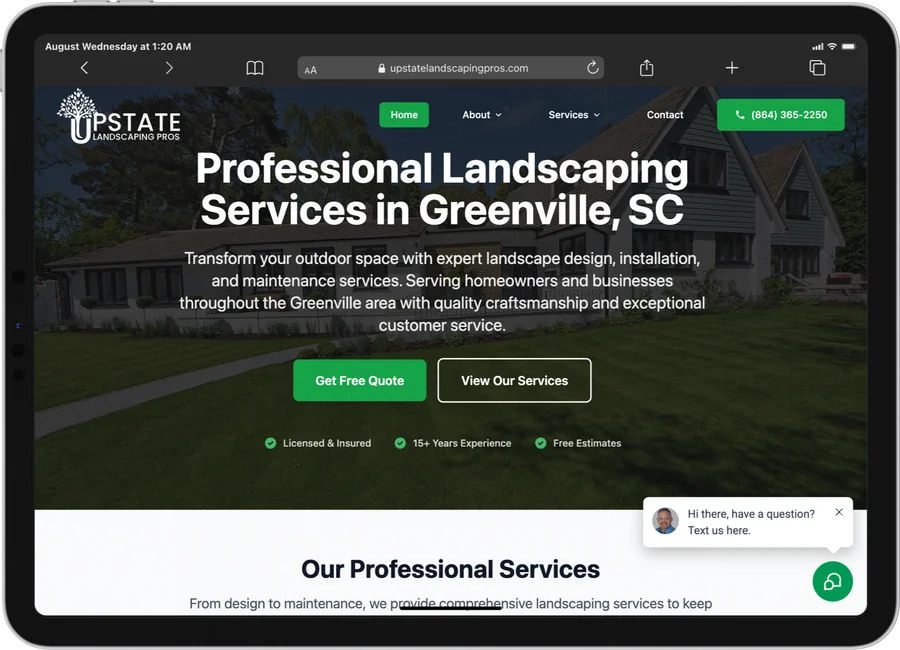UpstateLandscapingPros.com website displayed on iPad Pro showing responsive tablet design