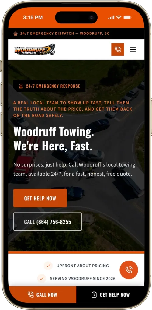 WoodruffTowingSC.com website displayed on iPhone 14 Pro Max showing responsive mobile design