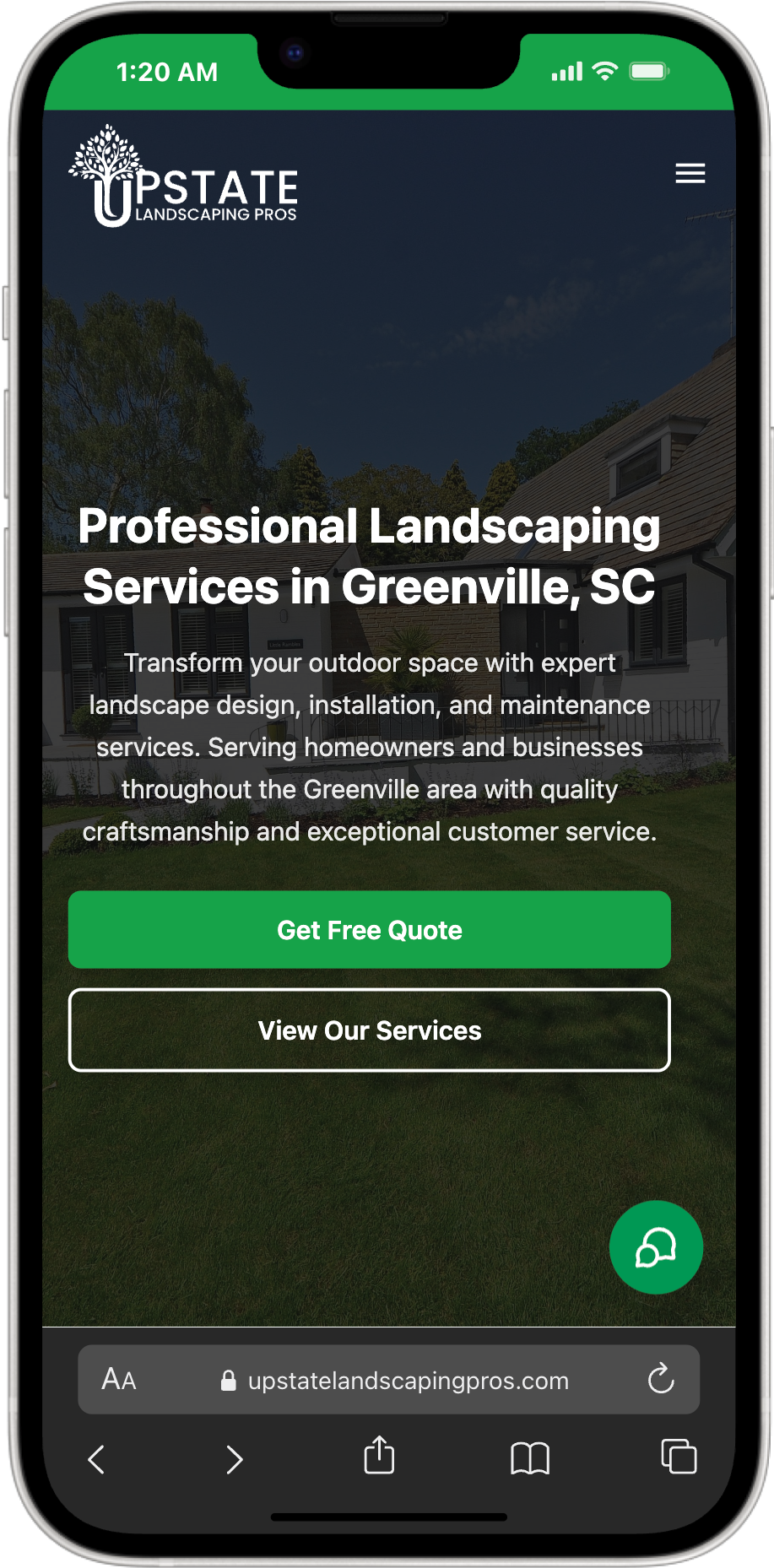 UpstateLandscapingPros.com website displayed on iPhone 14 Plus showing responsive mobile design