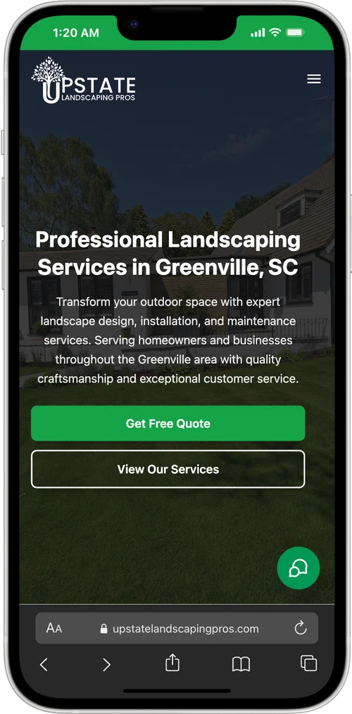 UpstateLandscapingPros.com website displayed on iPhone 14 Plus showing responsive mobile design